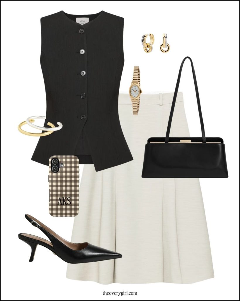 vest and midi skirt