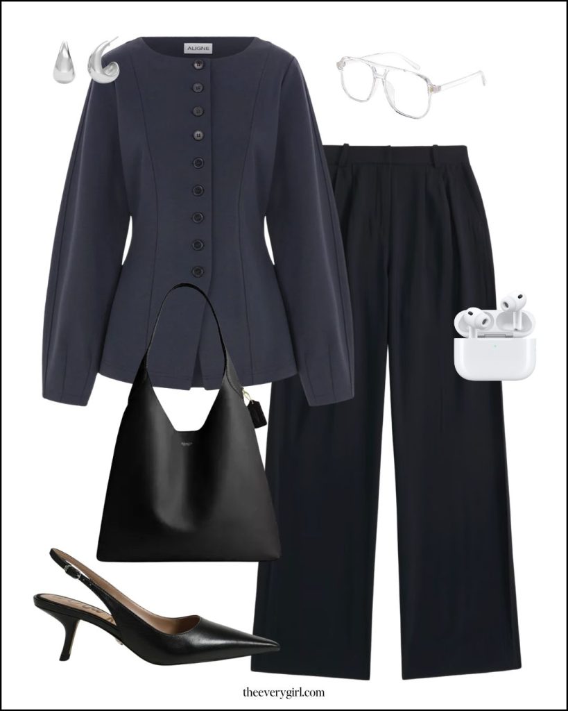 navy top and black trousers
