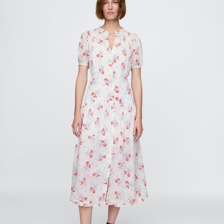 Pintuck Floral Midi Dress