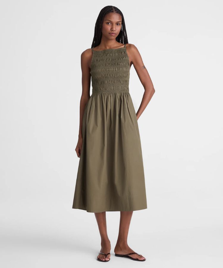 Smocked High-Neck Midi Dress