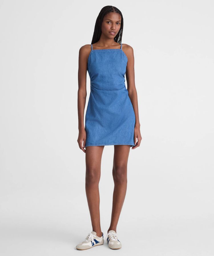 Denim Ruched Squareneck Mini Dress