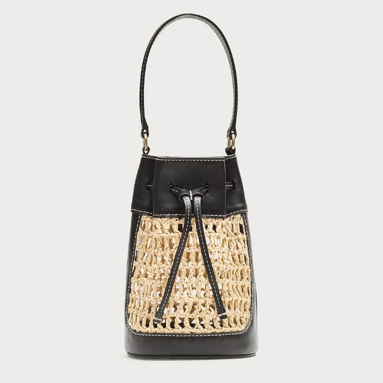 Leather & Straw Drawstring Bag