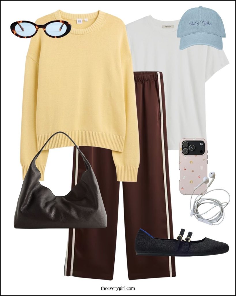 yellow sweater and brown track pants