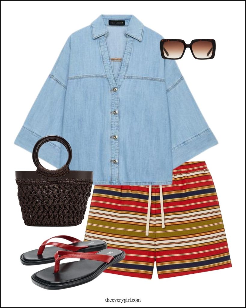 striped shorts and denim shirt