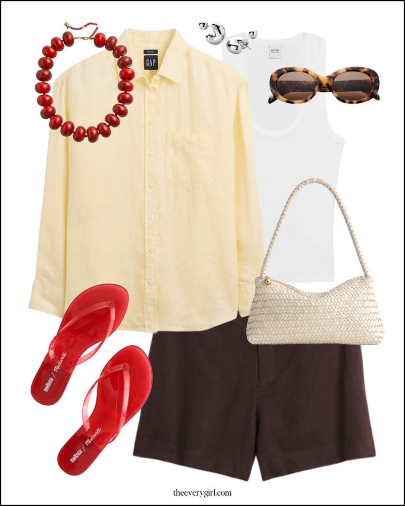 yellow shirt and brown shorts outfit