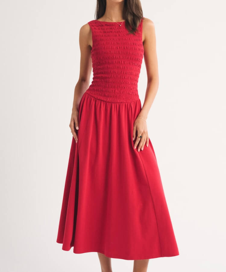 Smocked Knit Midi Dress