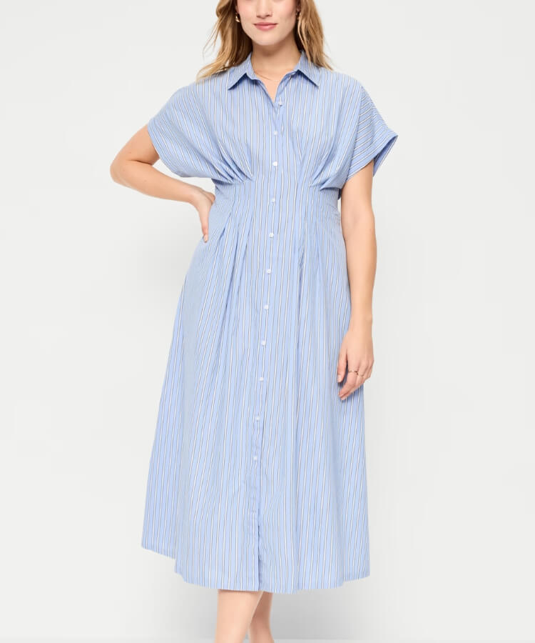 Pintuck-Waist Midi Shirt Dress
