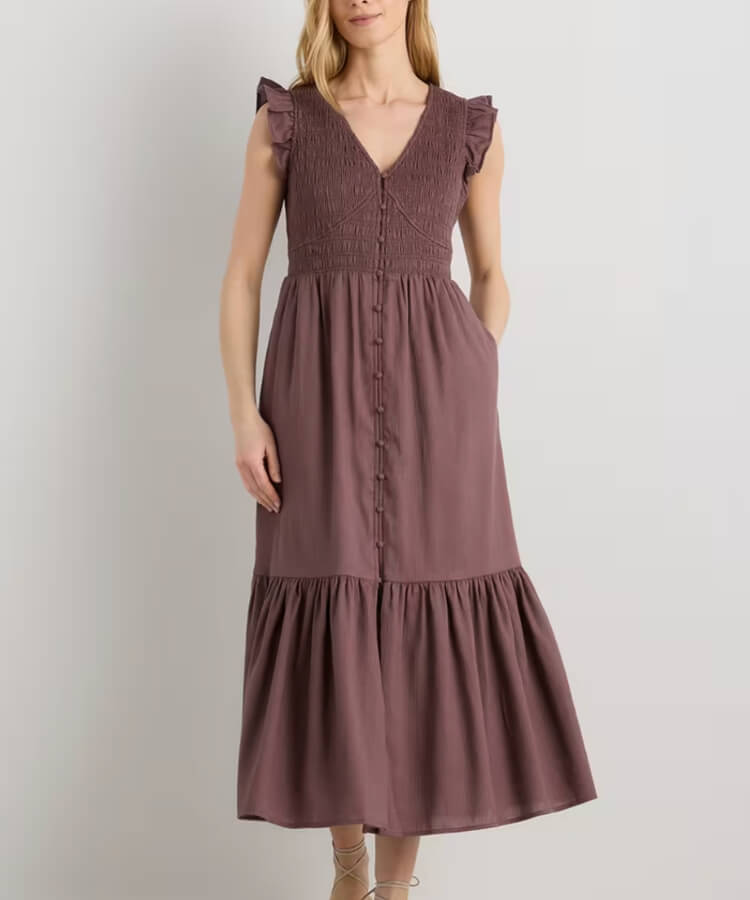 Smocked V-Neck Midi Dress