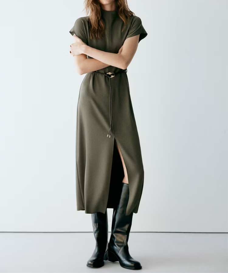 High-Neck Belted Dress