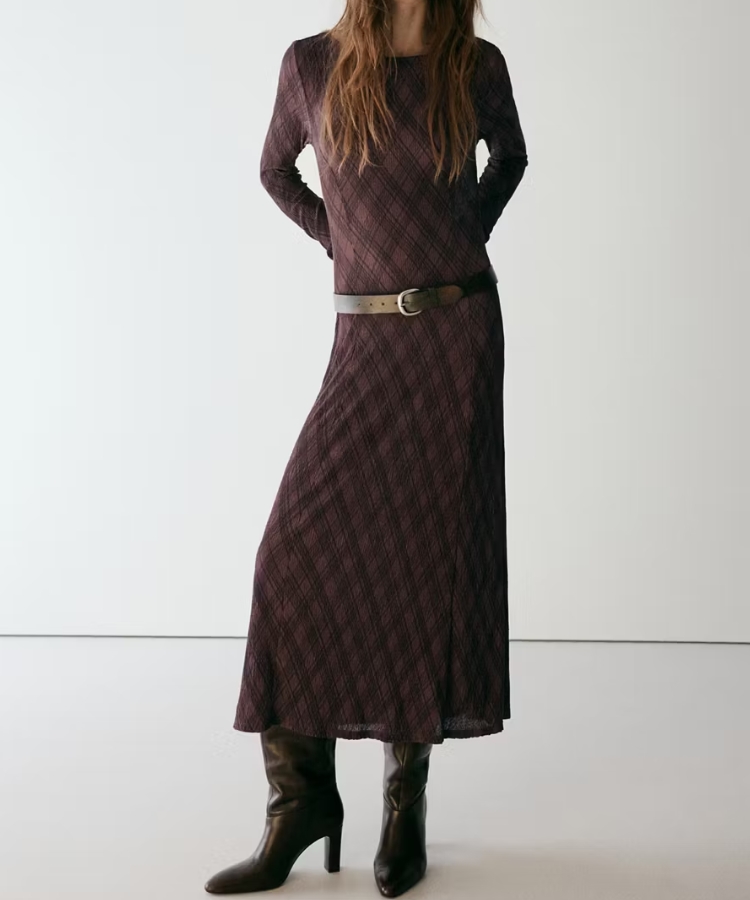 Long-Sleeved Checked Dress
