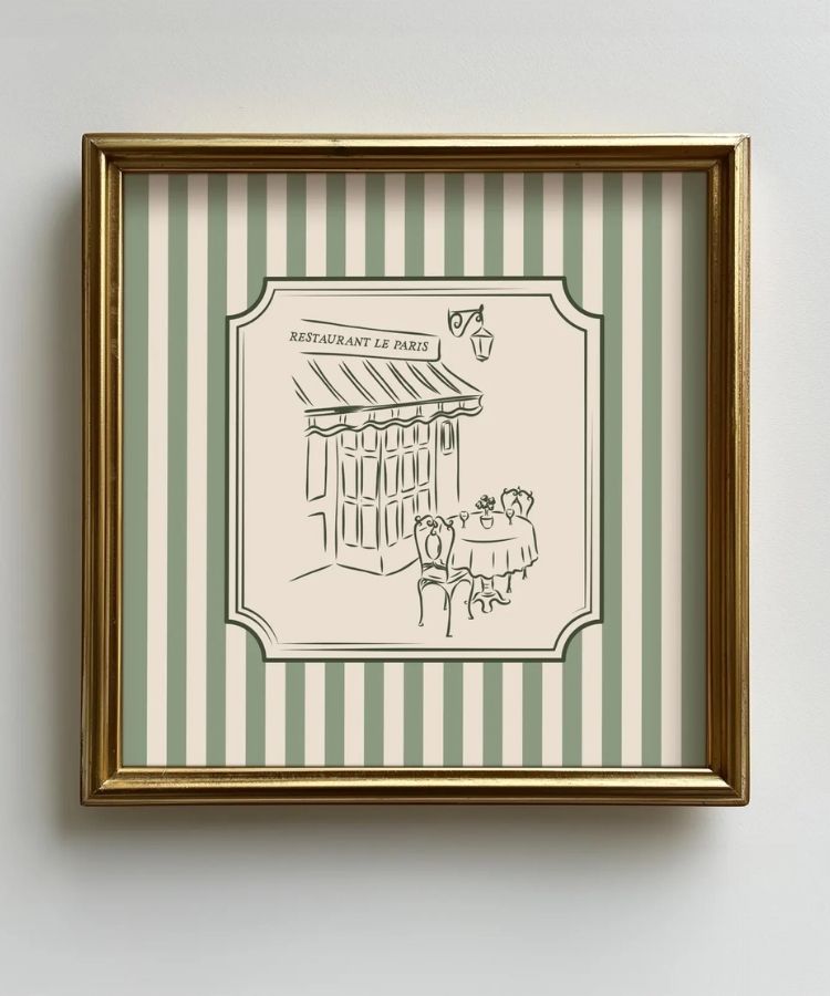 Vintage French Restaurant Green Striped Print