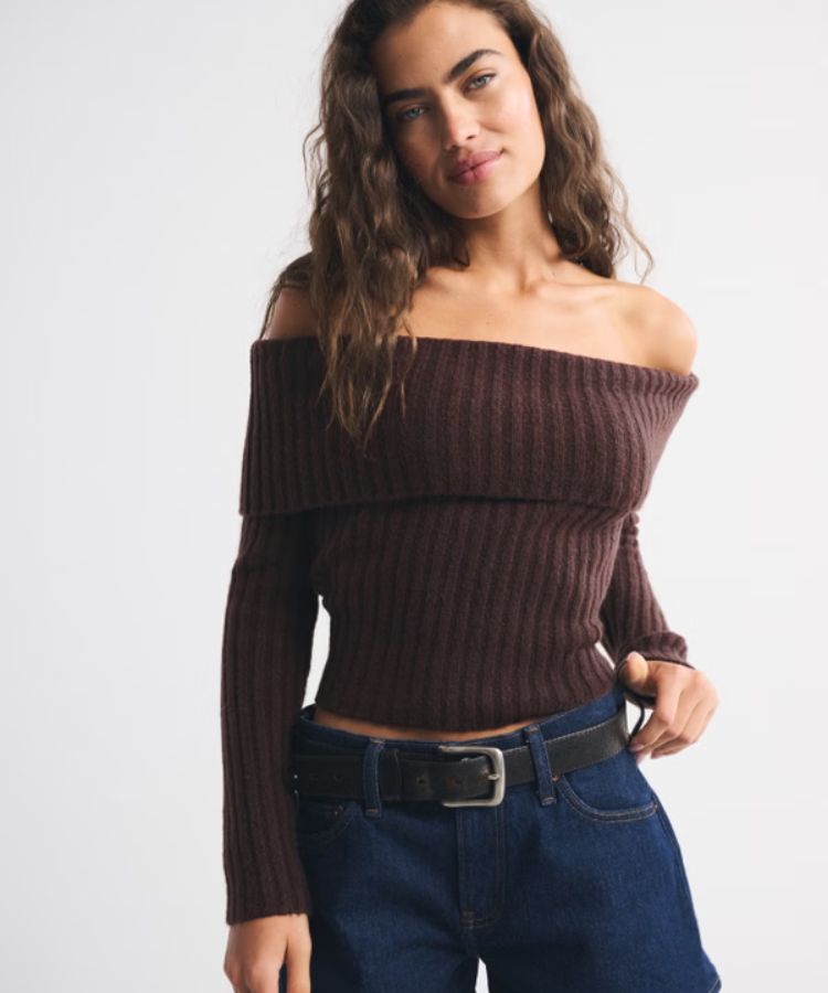 Ribbed Foldover Off-The-Shoulder Sweater