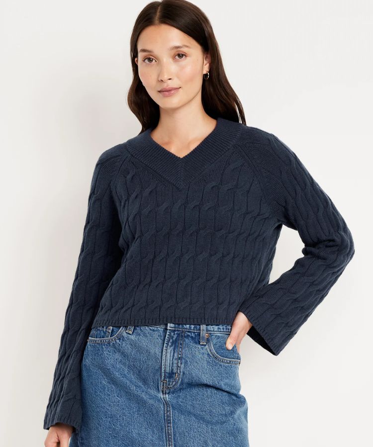 Wool-Blend V-Neck Cable Sweater