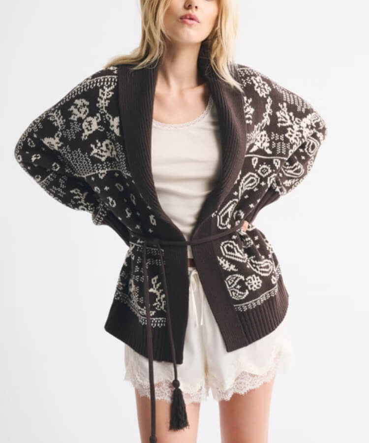 Bandana-Printed Belted Cardigan