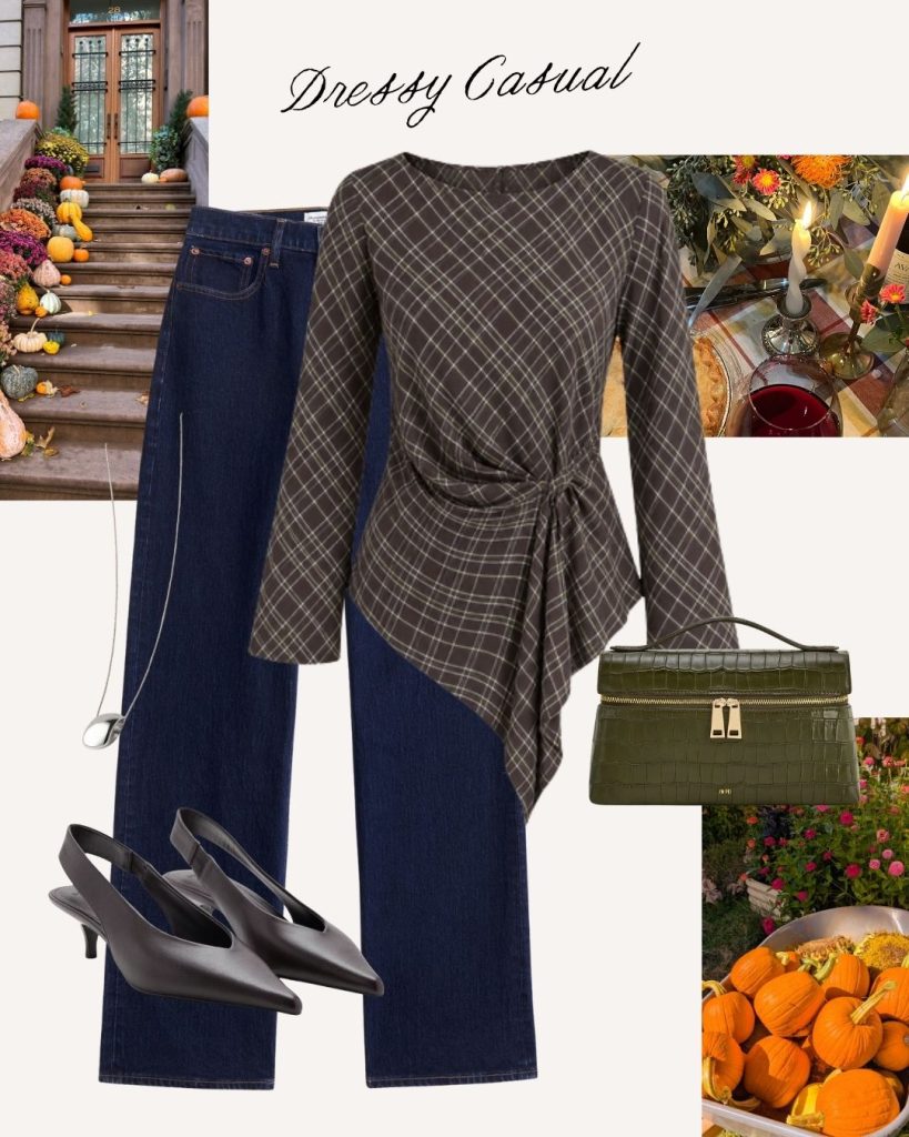 plaid shirt and dark jeans thanksgiving outfit