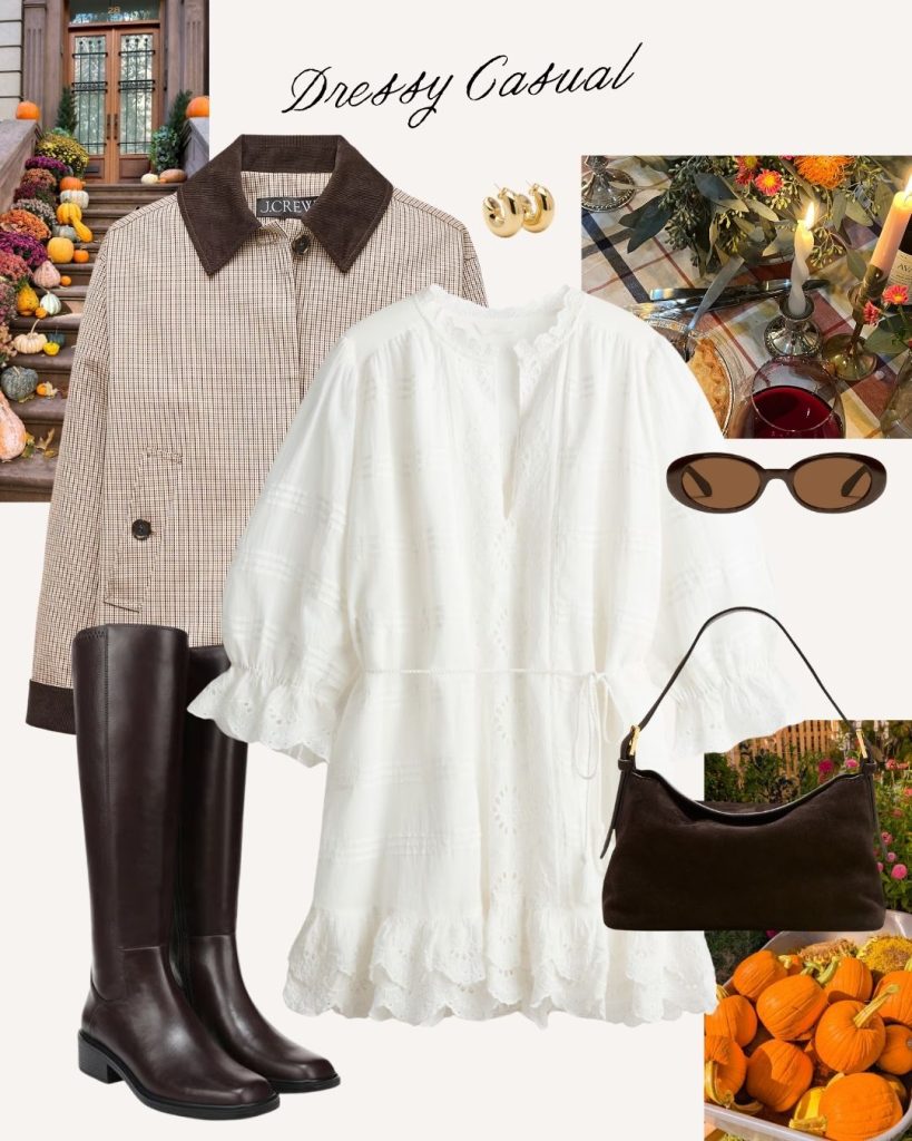 white dress and barn jacket thanksgiving outfit