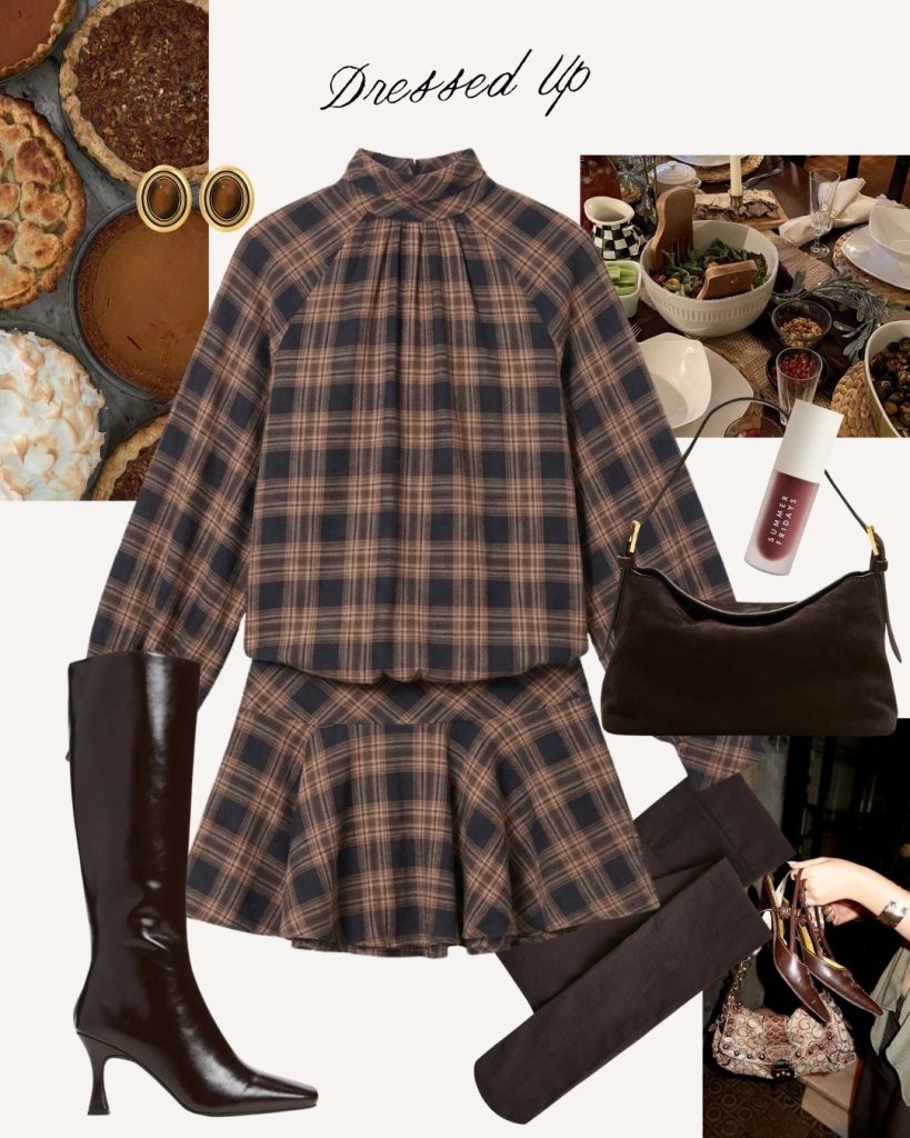 plaid mini dress and knee high boots thanksgiving outfit