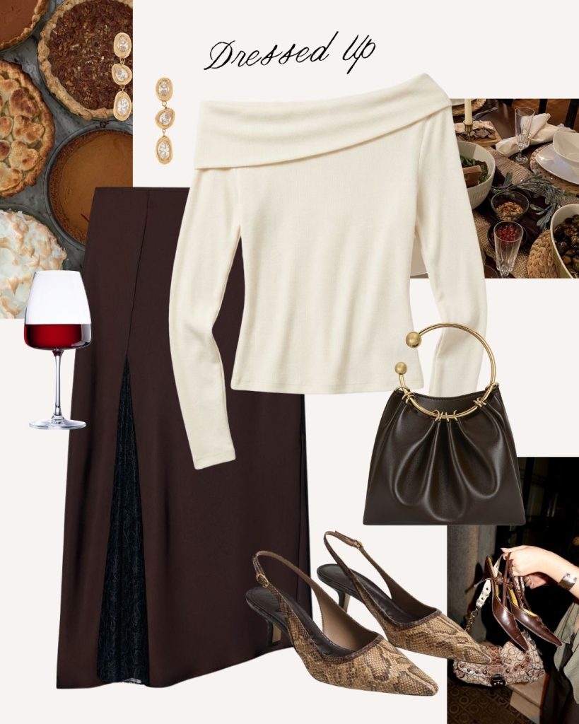 off the shoulder sweater and brown satin midi skirt