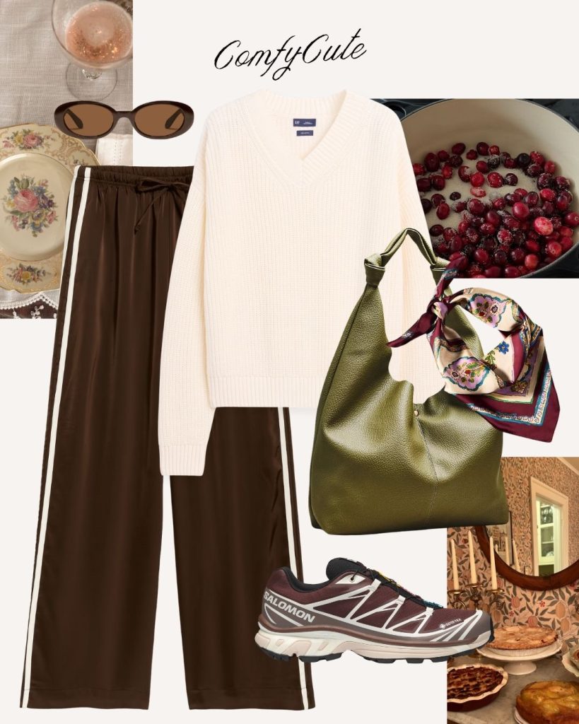 v-neck sweater and track pants thanksgiving outfit