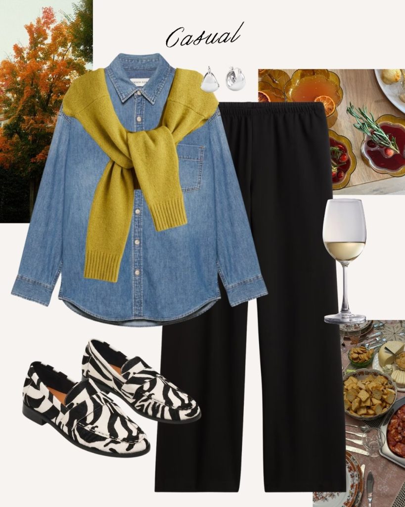denim shirt and black pants thanksgiving outfit