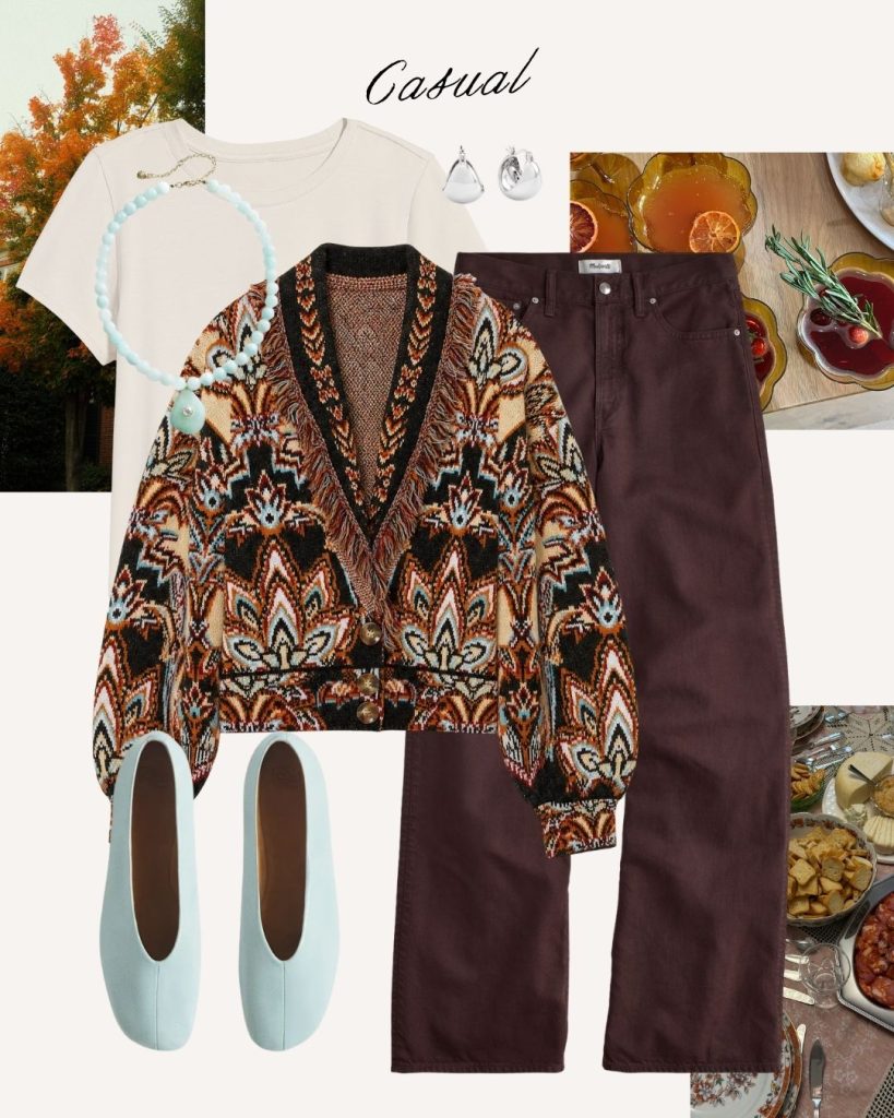 patterned cardigan and brown jeans thanksgiving outfit