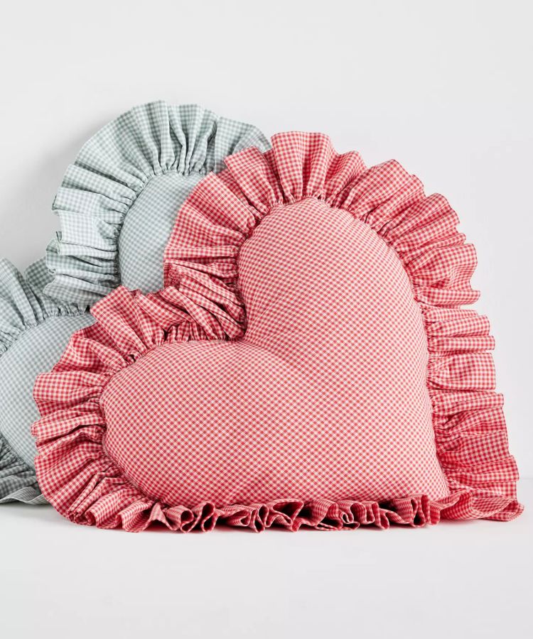 Gingham Cotton Ruffle Heart Pillow