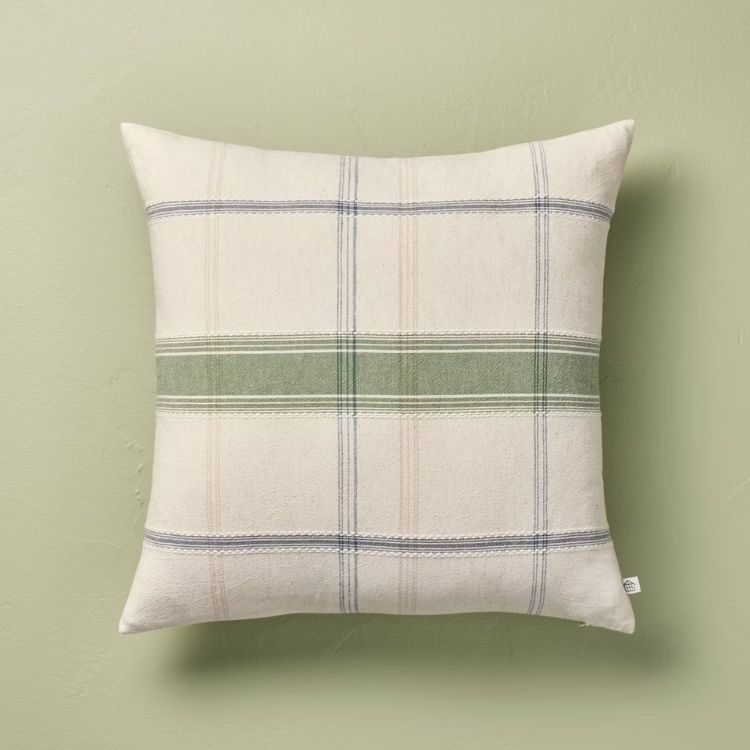 Sour Cream and Green Plaid Throw Pillow