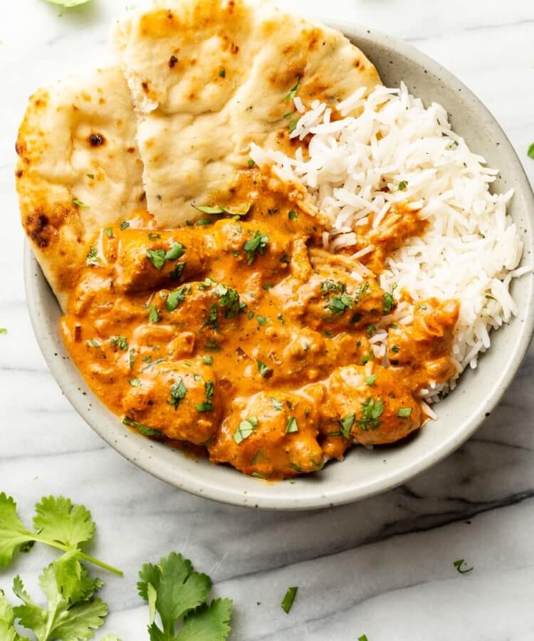 butter chicken white rice and naan