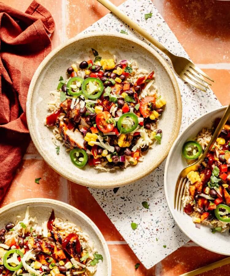 chicken bowls with black bean corn salad