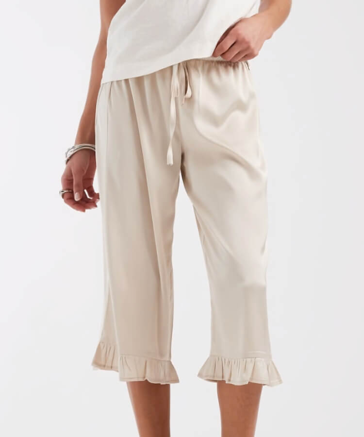 Satin Ruffle Edge Capri Pants