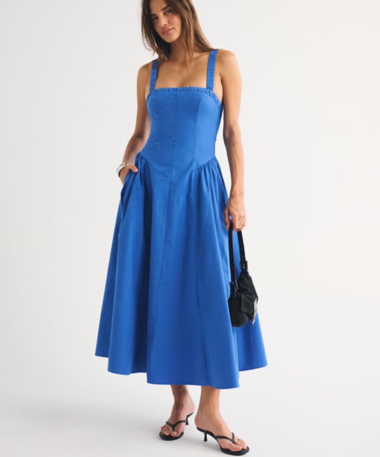 100% Cotton Ruched Neckline Dipped Waist Midi Dress