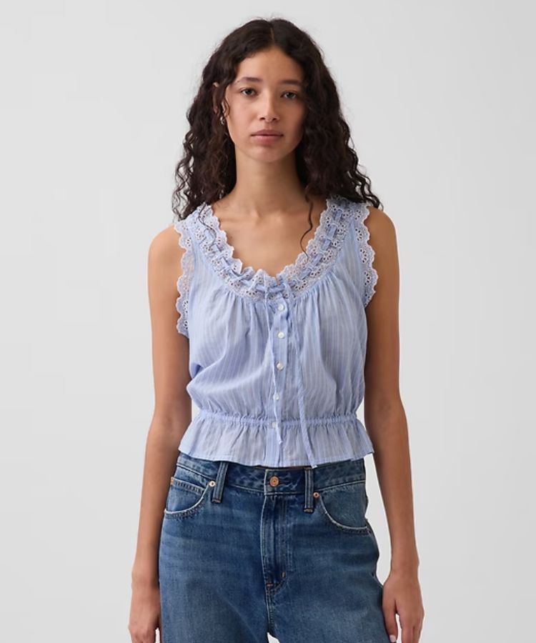 Eyelet Tie-Front Crop Peplum Top