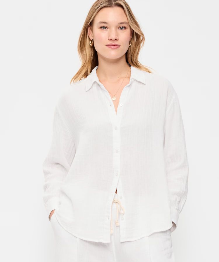 Open-Back Crinkle Gauze Button-Down Shirt