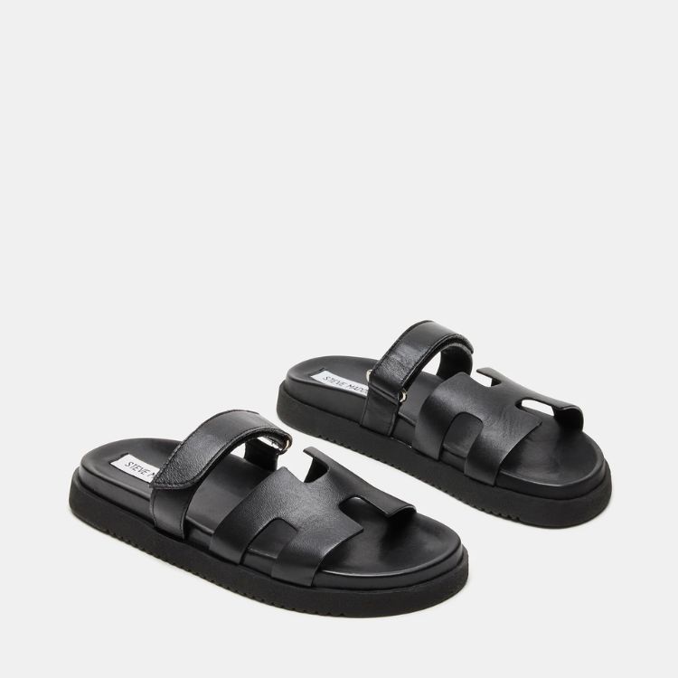 Black Leather Flatform Slide Sandal