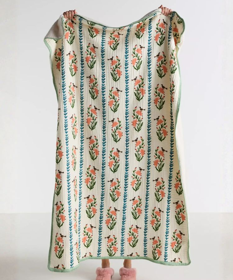 Gauze Cotton Sherpa Floral Printed Throw Blanket