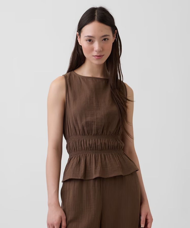 Cotton Gauze Smocked-Waist Peplum Top