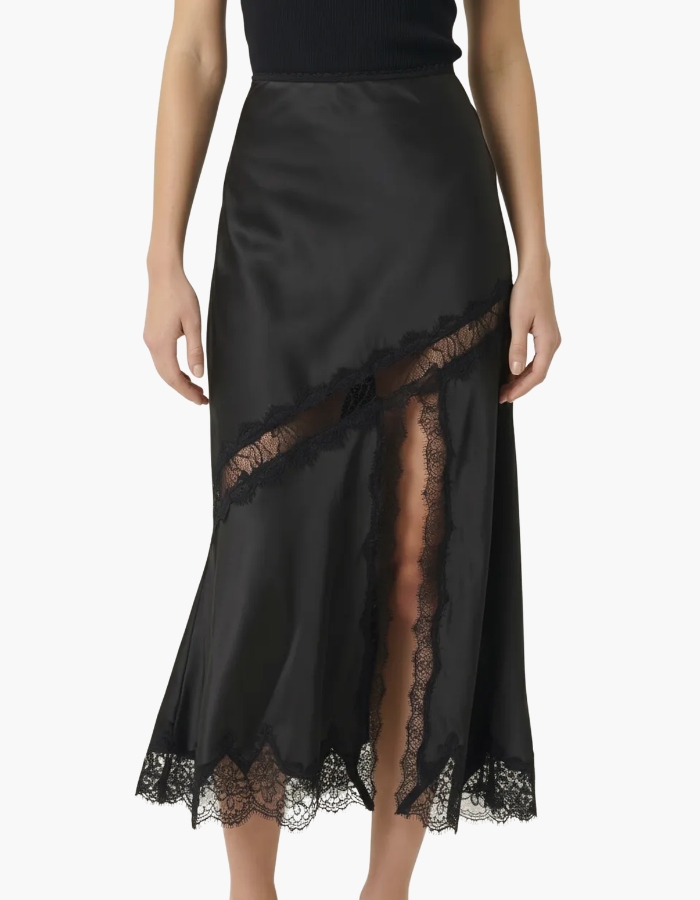 Lace Trim Asymmetric Satin Midi Skirt