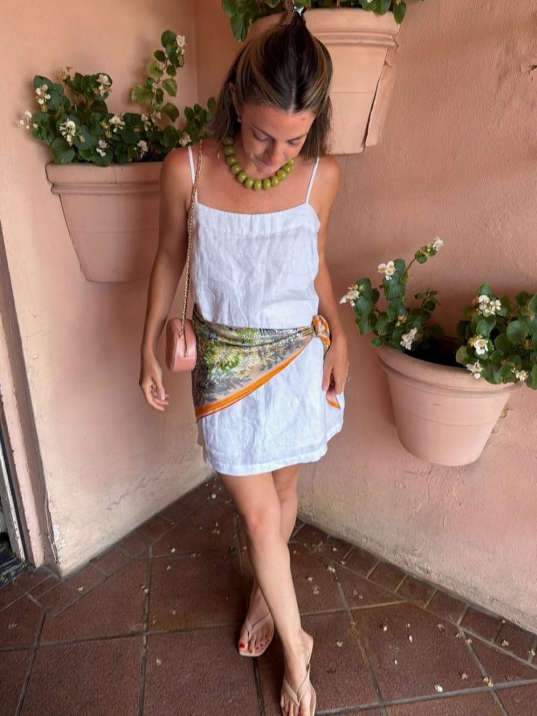 scarf belt over white mini dress